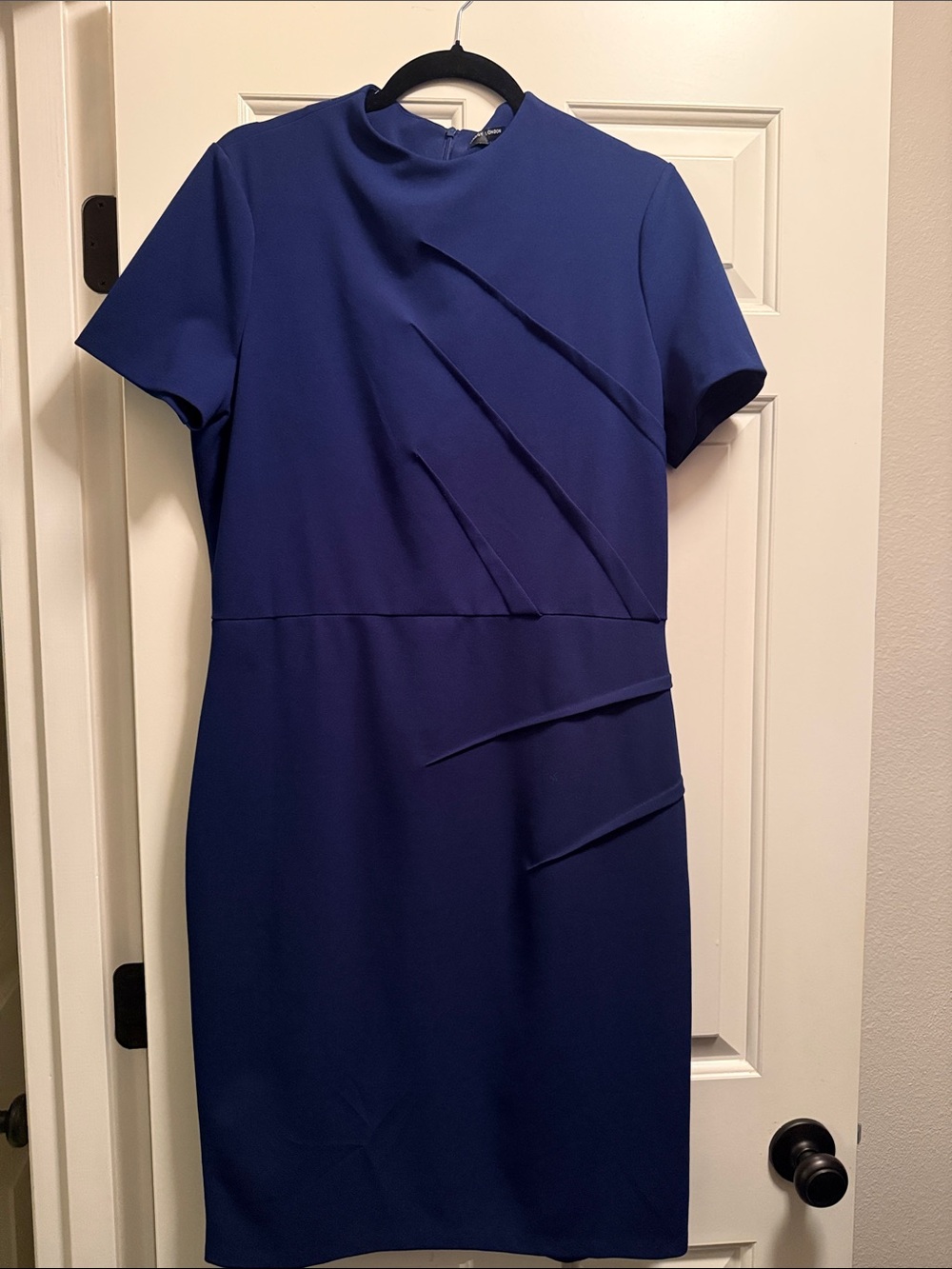 Maggy London Cobalt Blue Short-Sleeve Sheath Dress with Diagonal Pleats